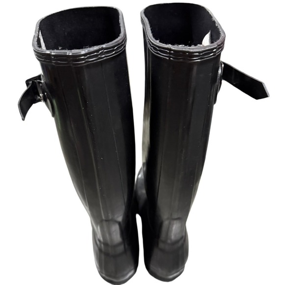Hunter Women's Buckle Tall Gloss Rain Boots Solid Black Red Logo Size 7 NWOT - Picture 3 of 7